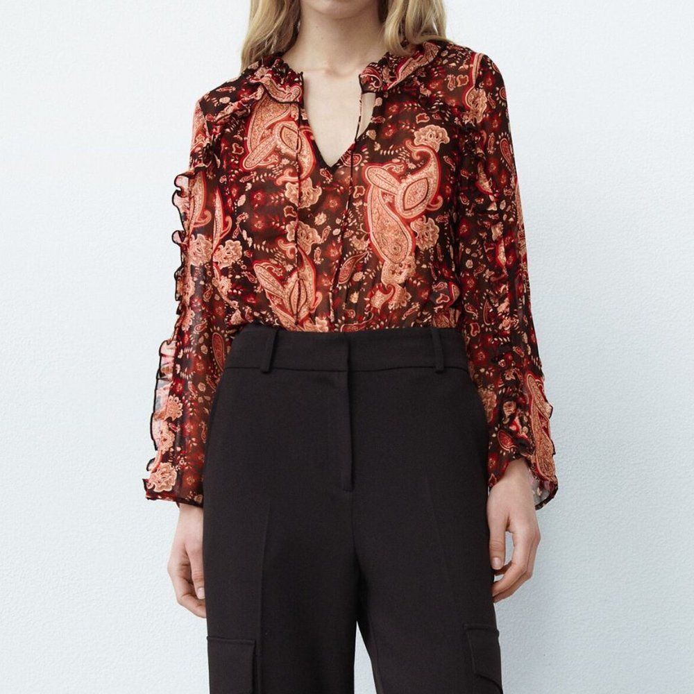 Women's Zara Paisley Printed Long Sleeves Ruffled Blouse‎ Bodysuit Top